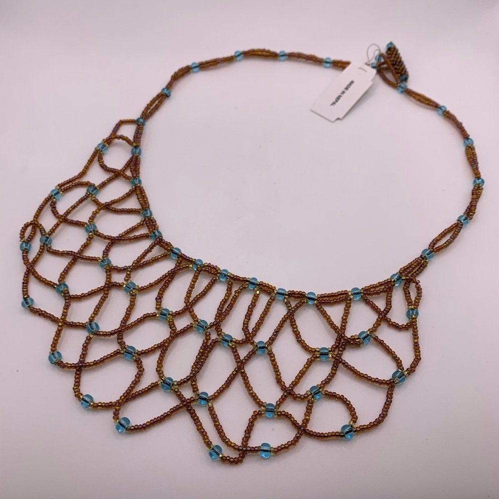 Gorgeous handmade brown seed beads & blue topaz beads woven bib necklace